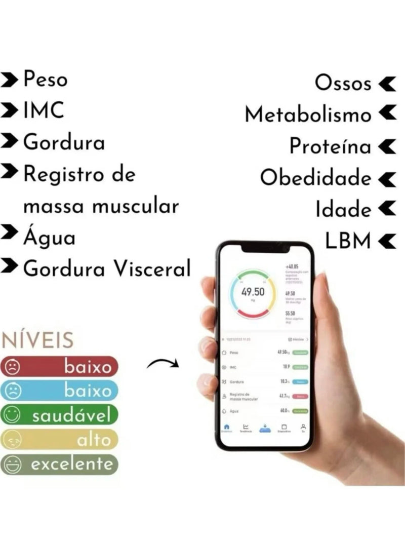 Balança Digital de Bioimpedancia 180kg com Medidas por Aplicativo  12 Funções