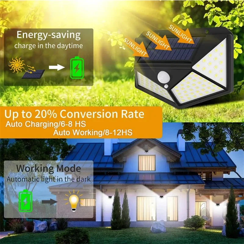 Luminária Solar 100 Led Com Sensor Para Jardim Externo Prova D'água Luz Led Solar