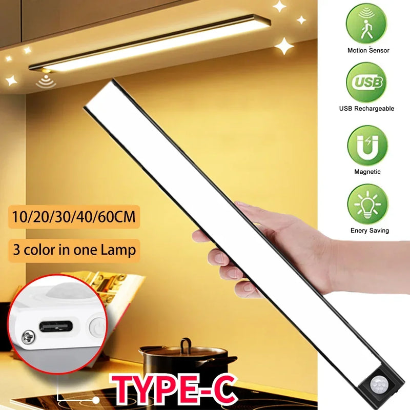 Luz noturna led com sensor de movimento, sem fio, usb, luz noturna para armário, cozinha, quarto, guarda-roupa, 20/30/40/60cm