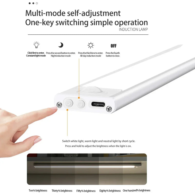 Luz noturna led com sensor de movimento, sem fio, usb, luz noturna para armário, cozinha, quarto, guarda-roupa, 20/30/40/60cm